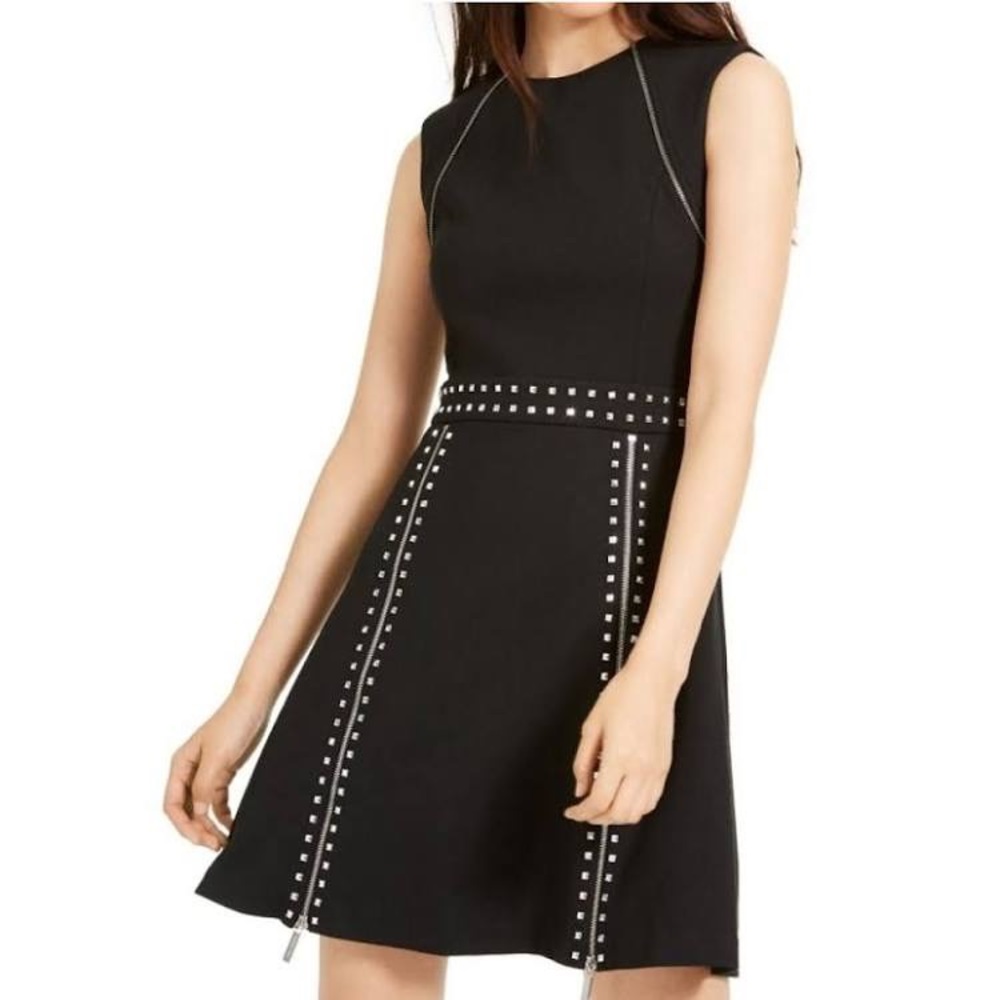 NWT Michael Michael Kors Black Pyramid Studded Zipper Trim Fit and Flare Dress